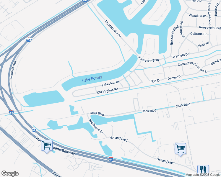map of restaurants, bars, coffee shops, grocery stores, and more near 4024 Old Virginia Road in Chesapeake
