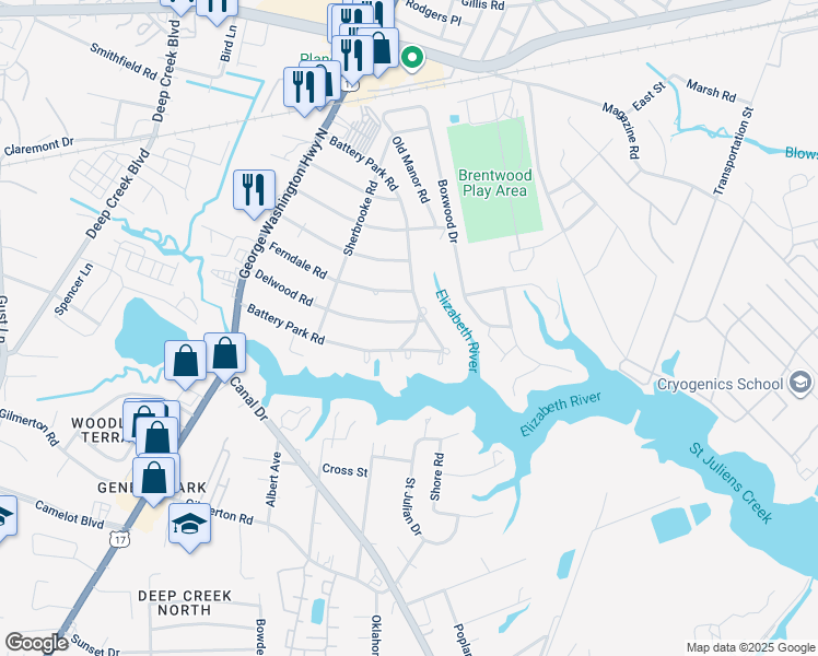 map of restaurants, bars, coffee shops, grocery stores, and more near 2200 Battery Park Road in Chesapeake