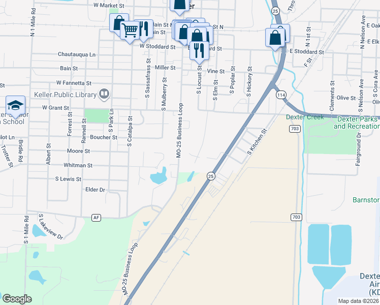 map of restaurants, bars, coffee shops, grocery stores, and more near 614 South Walnut Street in Dexter