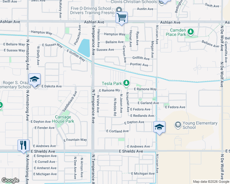 map of restaurants, bars, coffee shops, grocery stores, and more near 7135 East Ramona Way in Fresno