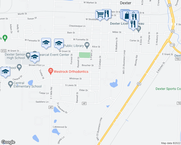 map of restaurants, bars, coffee shops, grocery stores, and more near 704 South Park Lane in Dexter
