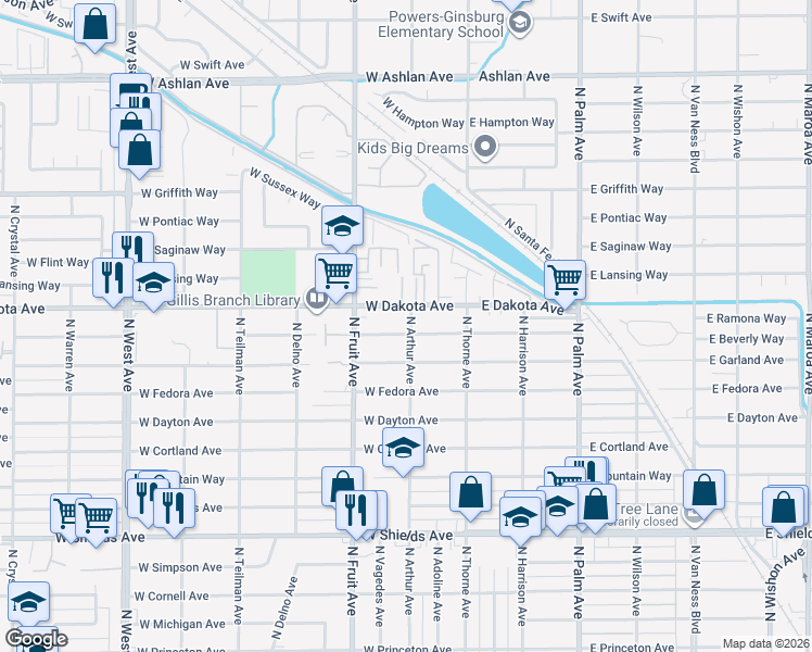 map of restaurants, bars, coffee shops, grocery stores, and more near 3763 North Arthur Avenue in Fresno