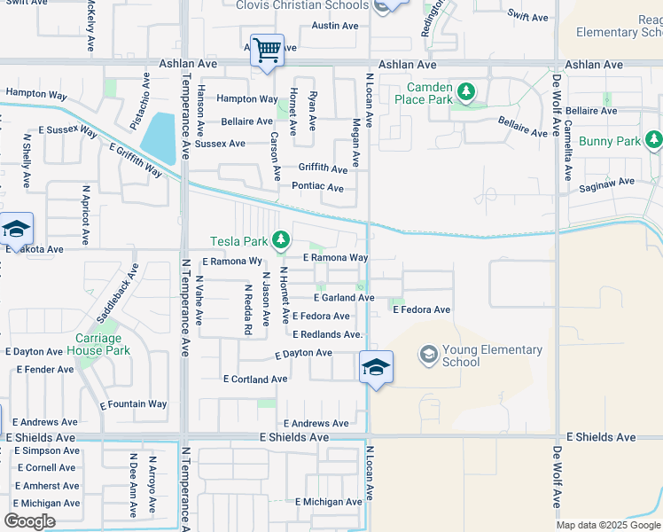 map of restaurants, bars, coffee shops, grocery stores, and more near 7452 East Giavanna Avenue in Fresno