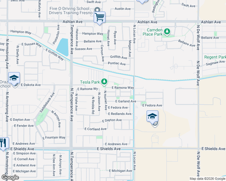 map of restaurants, bars, coffee shops, grocery stores, and more near 7390 East Giavanna Avenue in Fresno