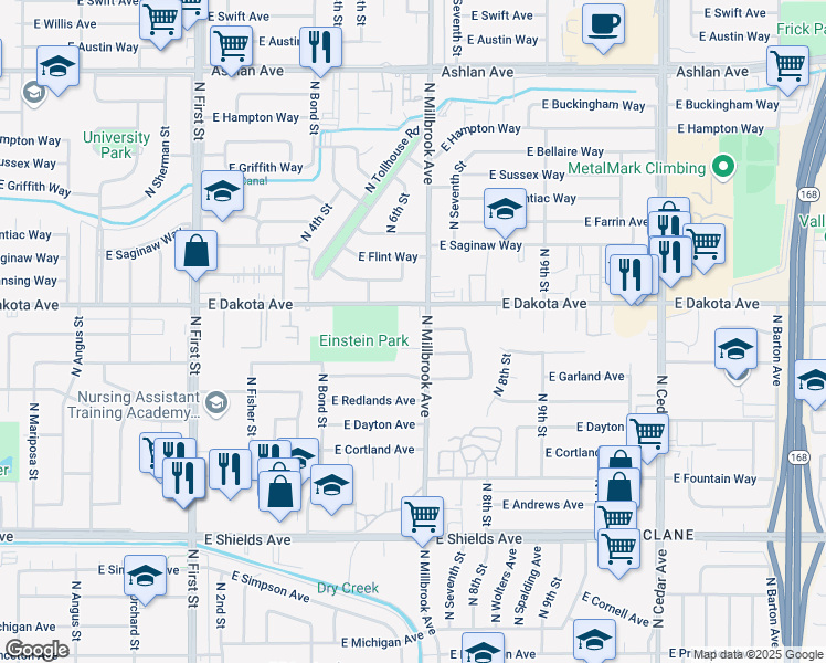 map of restaurants, bars, coffee shops, grocery stores, and more near 3755 North Millbrook Avenue in Fresno