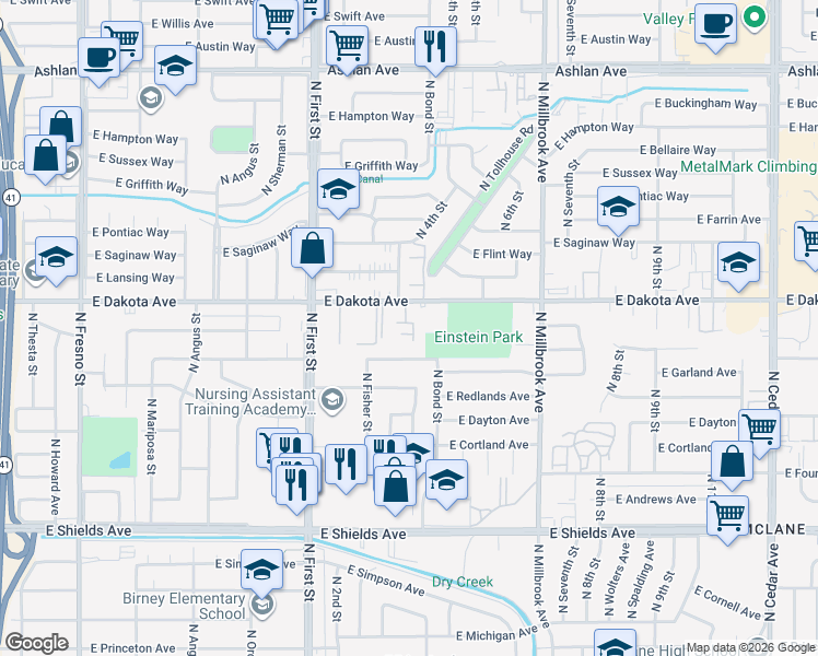map of restaurants, bars, coffee shops, grocery stores, and more near 3340 East Dakota Avenue in Fresno