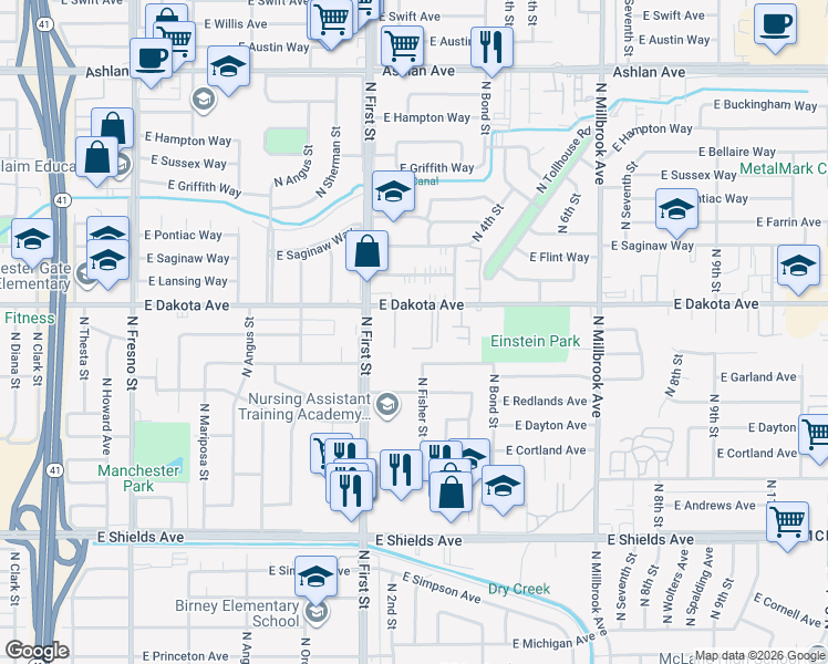map of restaurants, bars, coffee shops, grocery stores, and more near 3294 East Dakota Avenue in Fresno