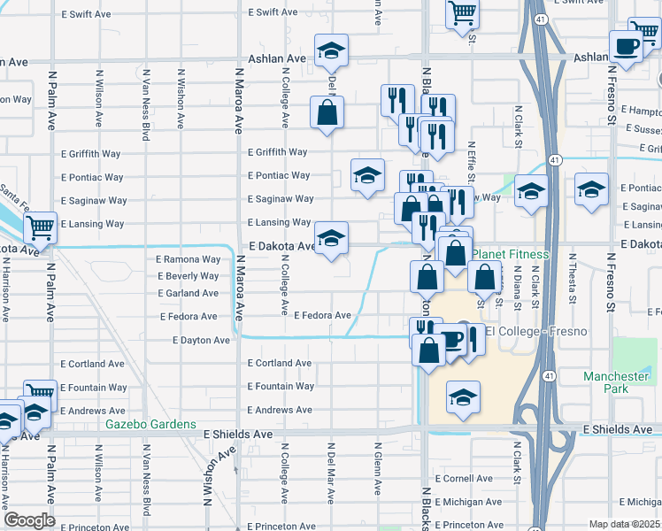 map of restaurants, bars, coffee shops, grocery stores, and more near in Fresno