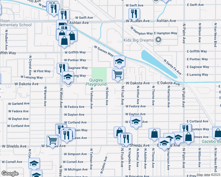 map of restaurants, bars, coffee shops, grocery stores, and more near 708 West Robinson Avenue in Fresno