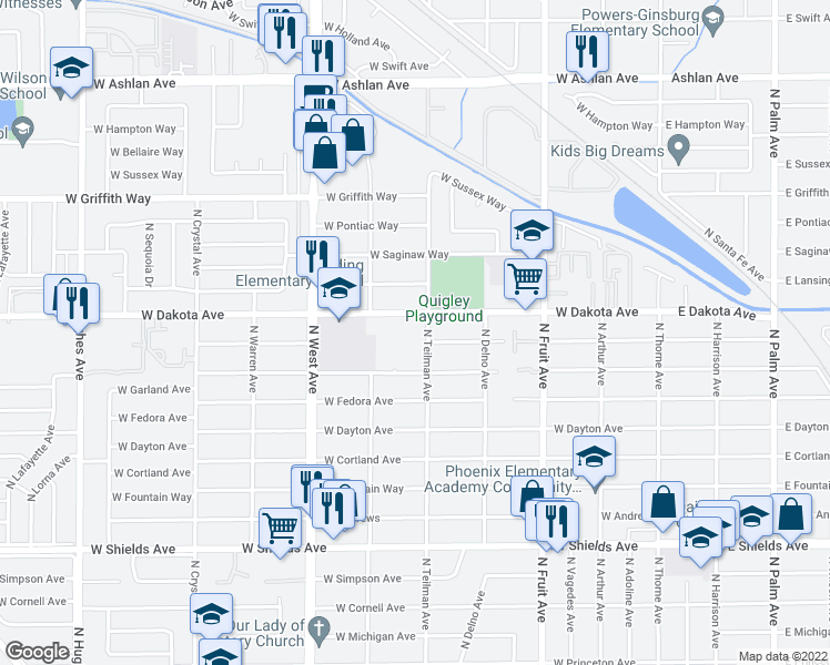 map of restaurants, bars, coffee shops, grocery stores, and more near 941 West Dakota Avenue in Fresno