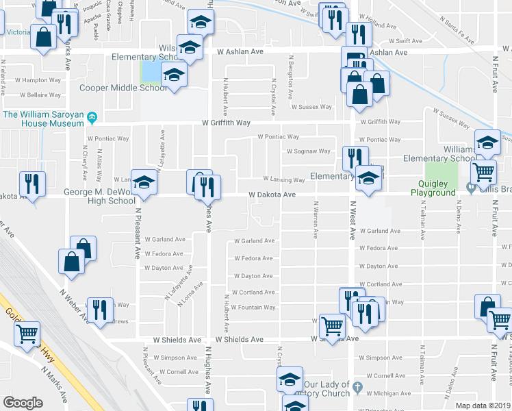 map of restaurants, bars, coffee shops, grocery stores, and more near 1783 West Dakota Avenue in Fresno