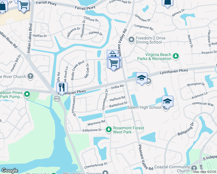 map of restaurants, bars, coffee shops, grocery stores, and more near 1366 Orillia Road in Virginia Beach