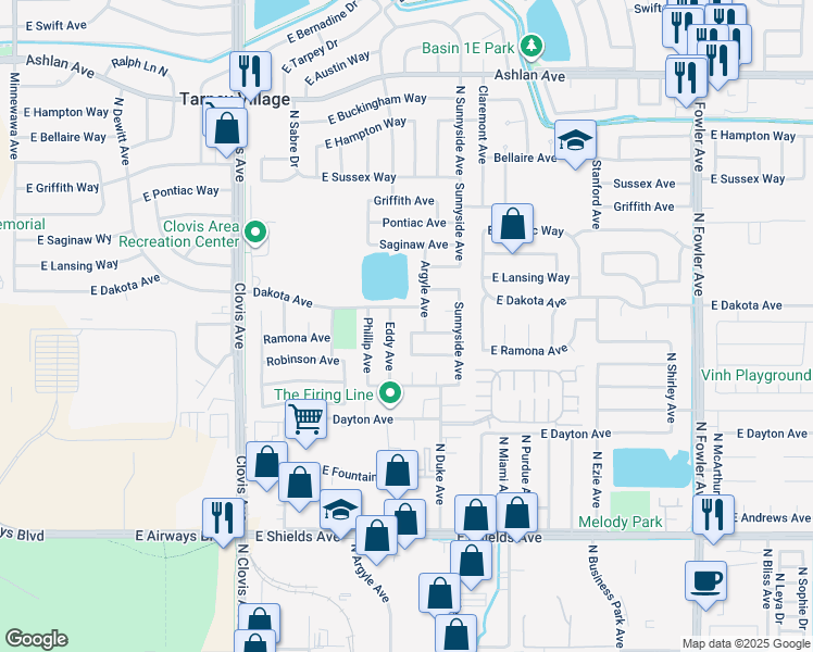 map of restaurants, bars, coffee shops, grocery stores, and more near 3644 Manila Avenue in Clovis