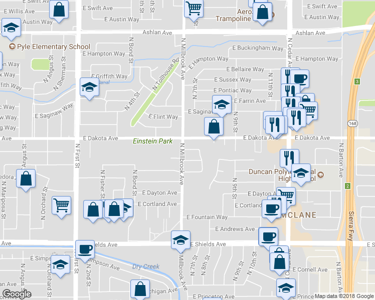 map of restaurants, bars, coffee shops, grocery stores, and more near 3712 North 7th Street in Fresno