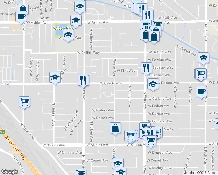 map of restaurants, bars, coffee shops, grocery stores, and more near 1783 West Dakota Avenue in Fresno