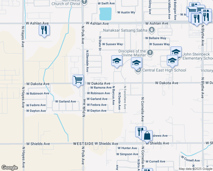 map of restaurants, bars, coffee shops, grocery stores, and more near 5304 West Ramona Avenue in Fresno