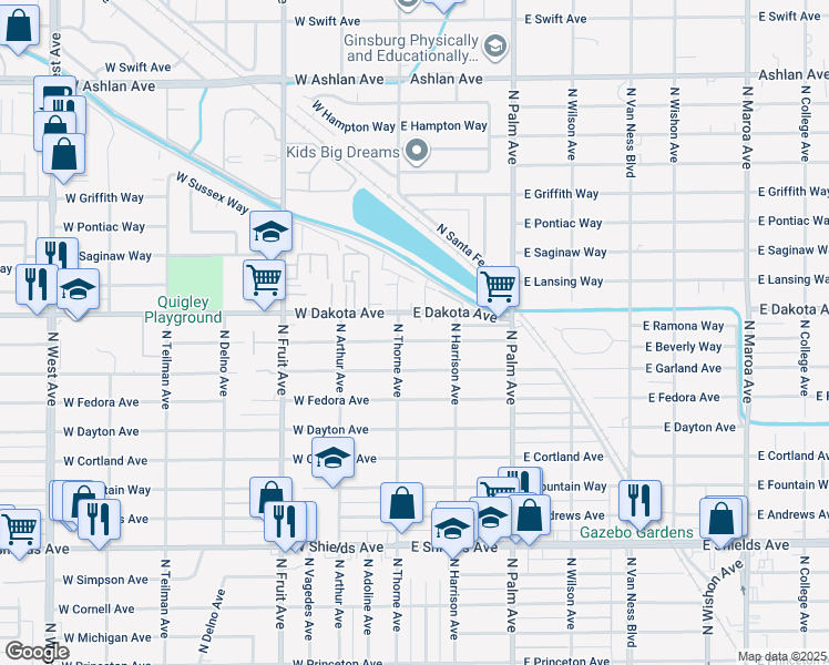 map of restaurants, bars, coffee shops, grocery stores, and more near 23 East Robinson Avenue in Fresno