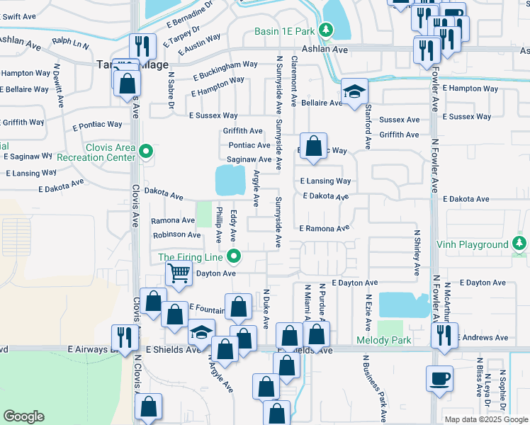 map of restaurants, bars, coffee shops, grocery stores, and more near 1335 Robinson Avenue in Clovis