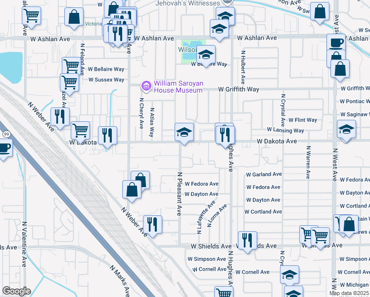 map of restaurants, bars, coffee shops, grocery stores, and more near 2445 West Dakota Avenue in Fresno