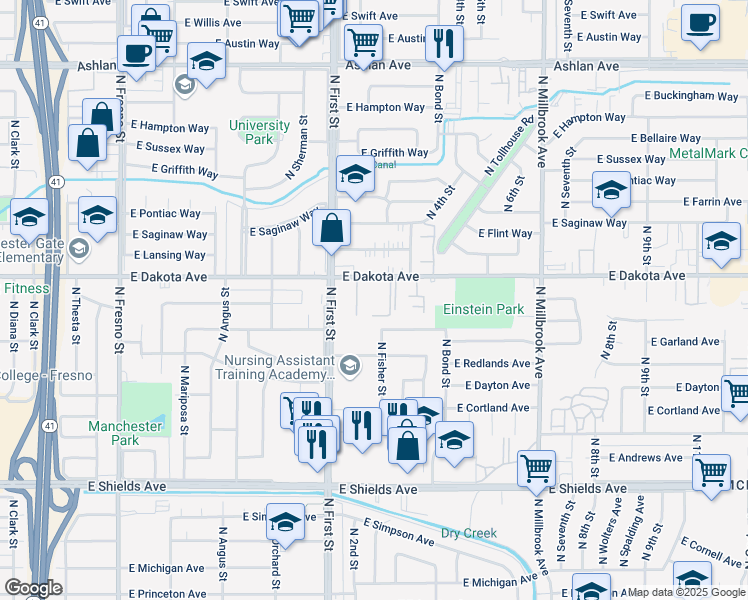 map of restaurants, bars, coffee shops, grocery stores, and more near 3222 East Dakota Avenue in Fresno