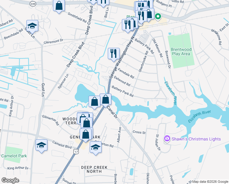 map of restaurants, bars, coffee shops, grocery stores, and more near 2325 Battery Park Rd in Chesapeake