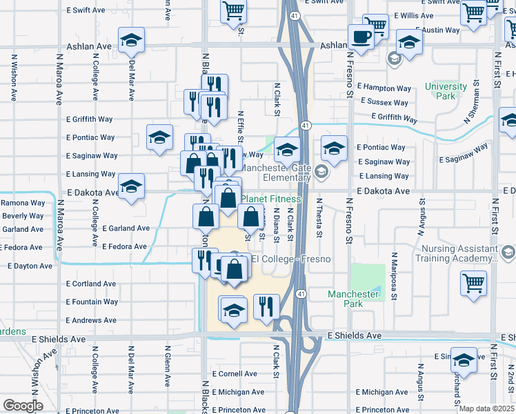 map of restaurants, bars, coffee shops, grocery stores, and more near 3767 North Effie Street in Fresno