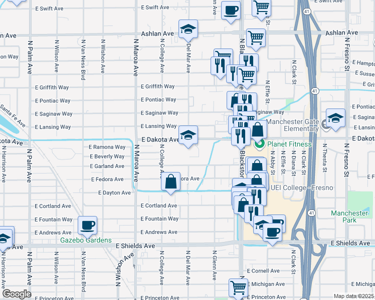 map of restaurants, bars, coffee shops, grocery stores, and more near 1302 East Dakota Avenue in Fresno