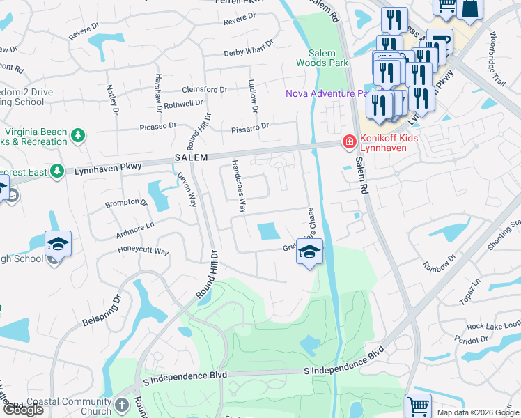 map of restaurants, bars, coffee shops, grocery stores, and more near 1912 Grey Friars Chase in Virginia Beach