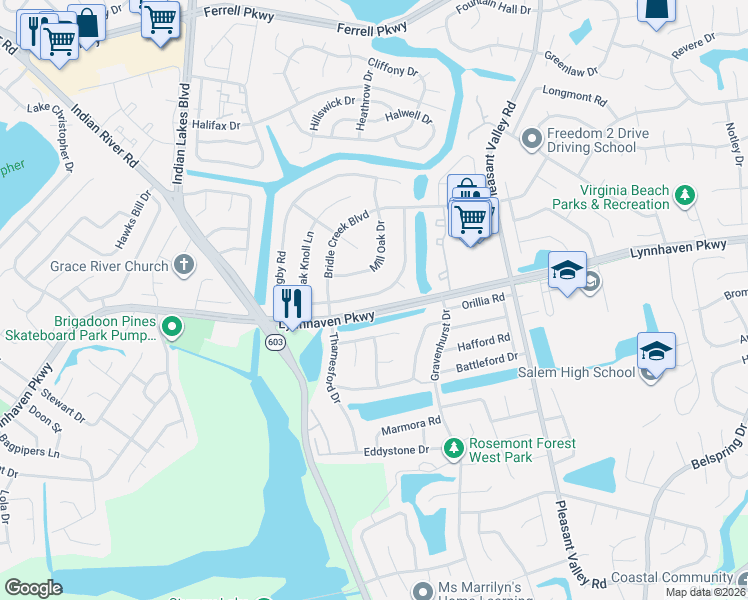 map of restaurants, bars, coffee shops, grocery stores, and more near 5134 Rugby Road in Virginia Beach