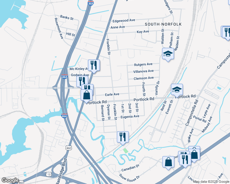 map of restaurants, bars, coffee shops, grocery stores, and more near 1301 Earle Avenue in Chesapeake