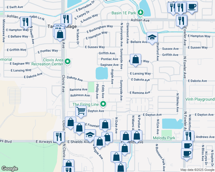 map of restaurants, bars, coffee shops, grocery stores, and more near 3644 Manila Avenue in Clovis
