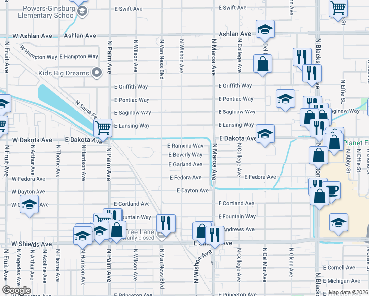 map of restaurants, bars, coffee shops, grocery stores, and more near 706 East Ramona Way in Fresno