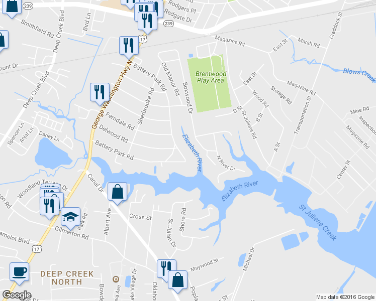 map of restaurants, bars, coffee shops, grocery stores, and more near 2109 Arbutus Circle in Chesapeake