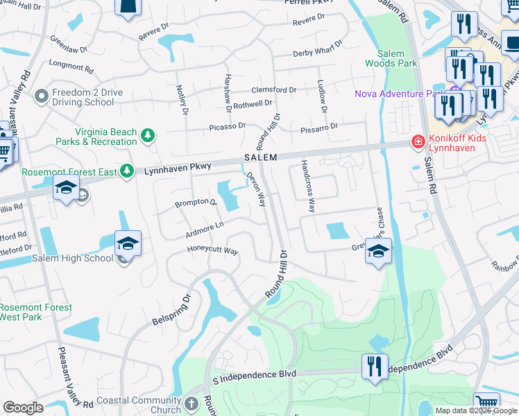 map of restaurants, bars, coffee shops, grocery stores, and more near 1661 Devon Way in Virginia Beach