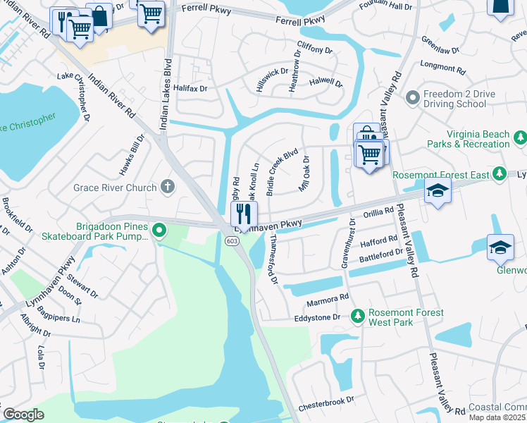 map of restaurants, bars, coffee shops, grocery stores, and more near 1575 Bridle Creek Boulevard in Virginia Beach