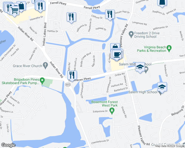 map of restaurants, bars, coffee shops, grocery stores, and more near 5124 Rugby Road in Virginia Beach