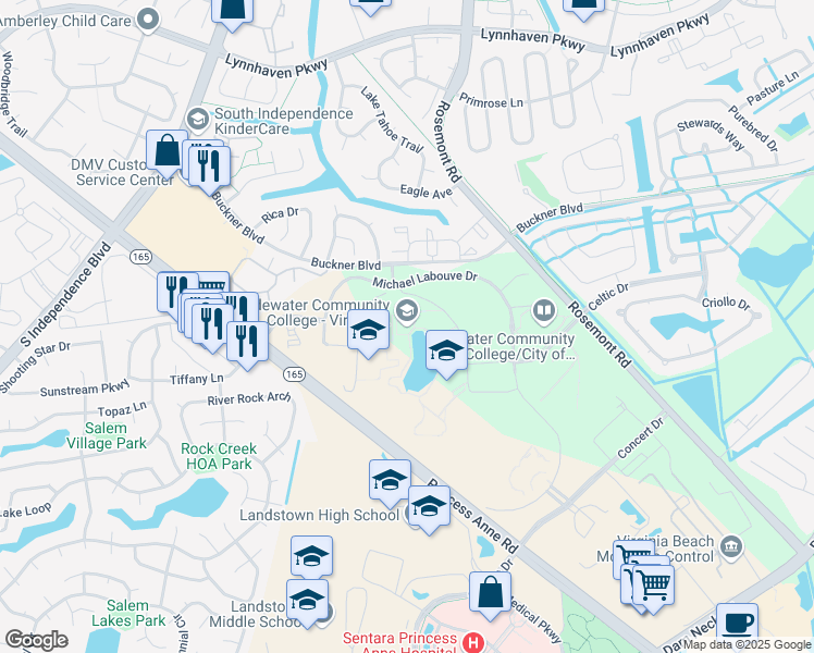 map of restaurants, bars, coffee shops, grocery stores, and more near 1700 College Crescent in Virginia Beach