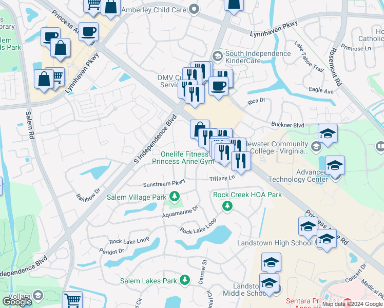 map of restaurants, bars, coffee shops, grocery stores, and more near 3824 Sunstream Parkway in Virginia Beach