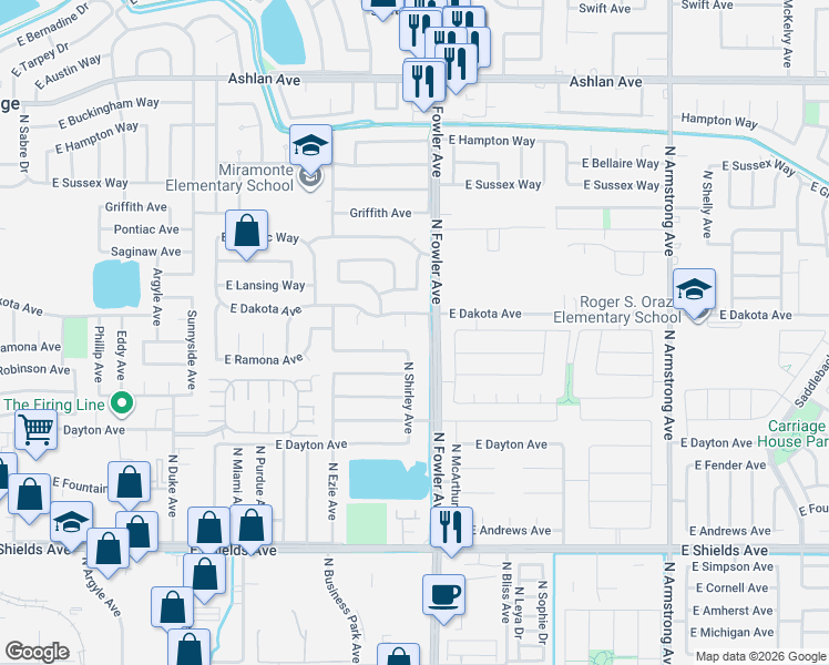 map of restaurants, bars, coffee shops, grocery stores, and more near 5964 East Dakota Avenue in Fresno
