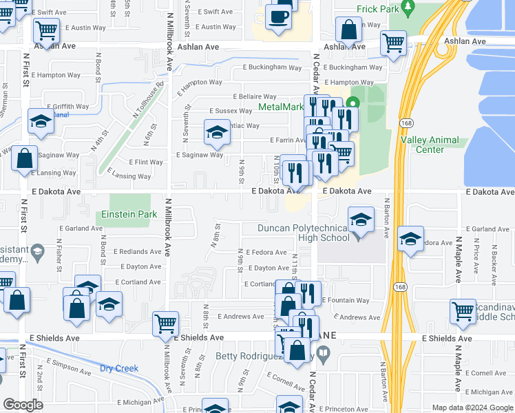 map of restaurants, bars, coffee shops, grocery stores, and more near 3945 East Robinson Avenue in Fresno