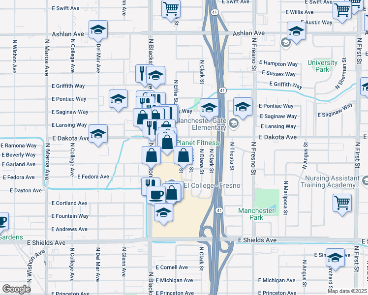 map of restaurants, bars, coffee shops, grocery stores, and more near 3767 North Effie Street in Fresno