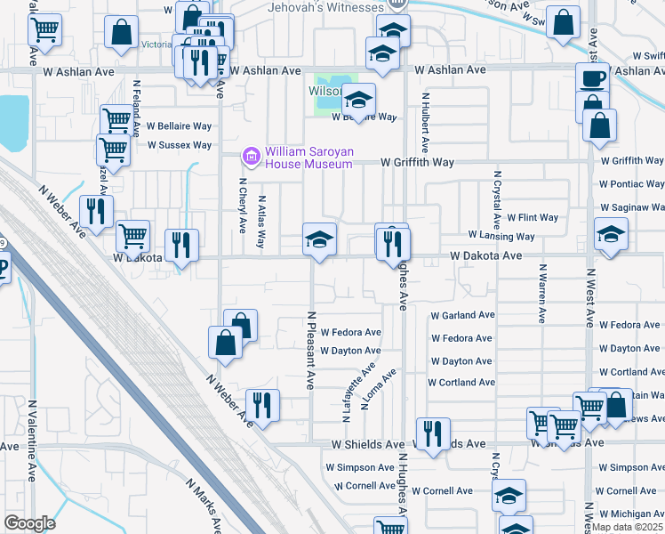 map of restaurants, bars, coffee shops, grocery stores, and more near 2445 West Dakota Avenue in Fresno