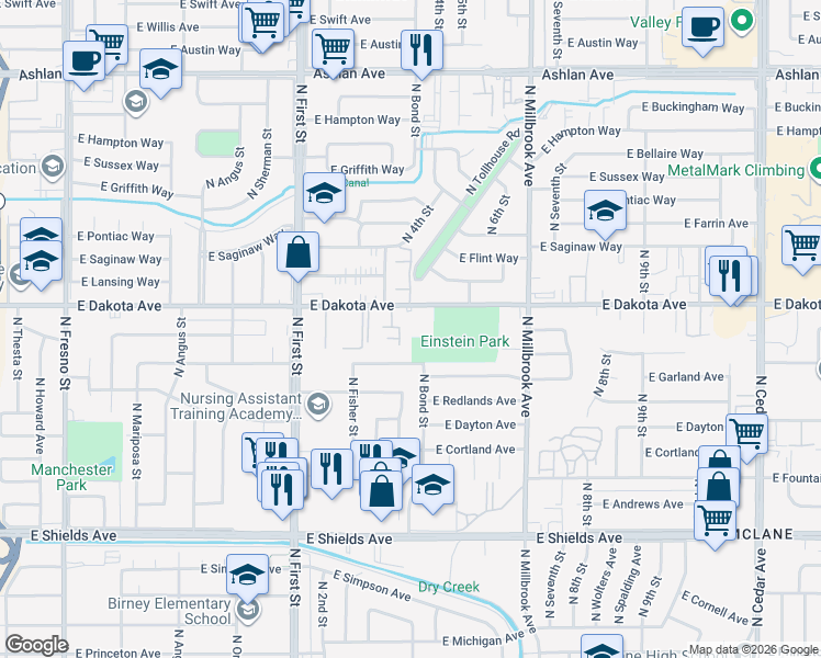 map of restaurants, bars, coffee shops, grocery stores, and more near 3344 East Dakota Avenue in Fresno