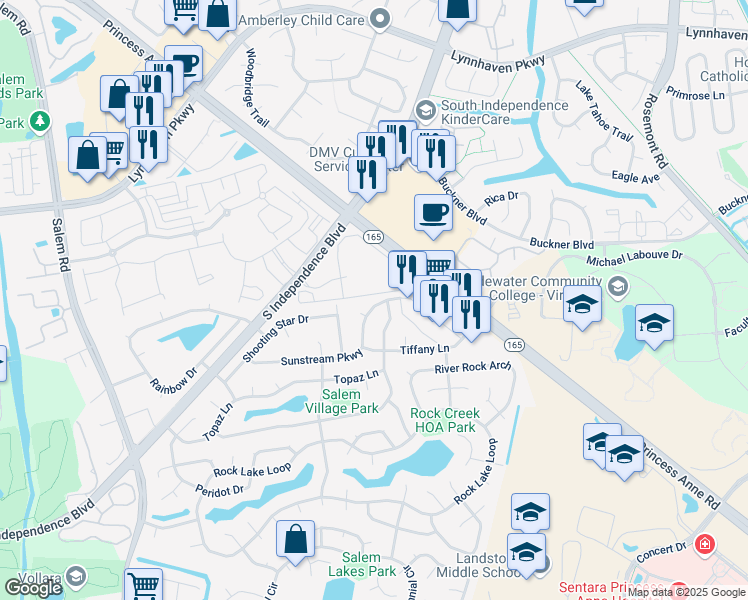 map of restaurants, bars, coffee shops, grocery stores, and more near 3824 Sunstream Parkway in Virginia Beach