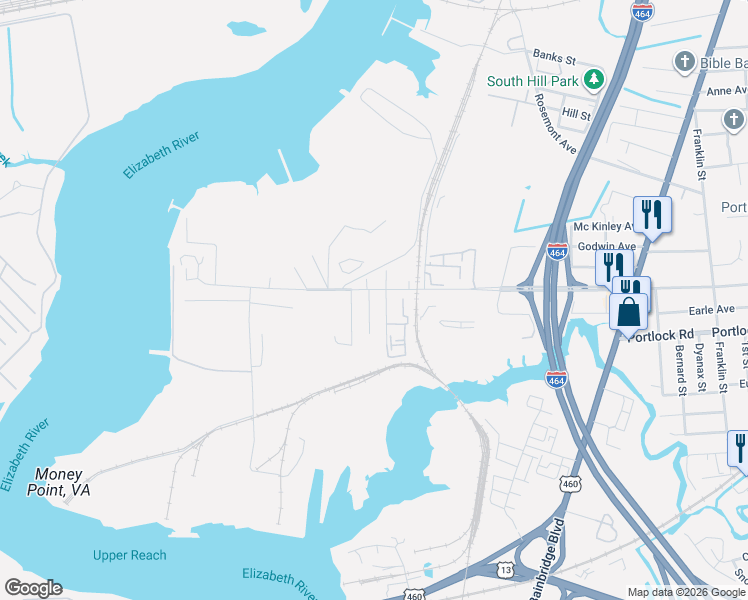 map of restaurants, bars, coffee shops, grocery stores, and more near 4007 Robertson Boulevard in Chesapeake