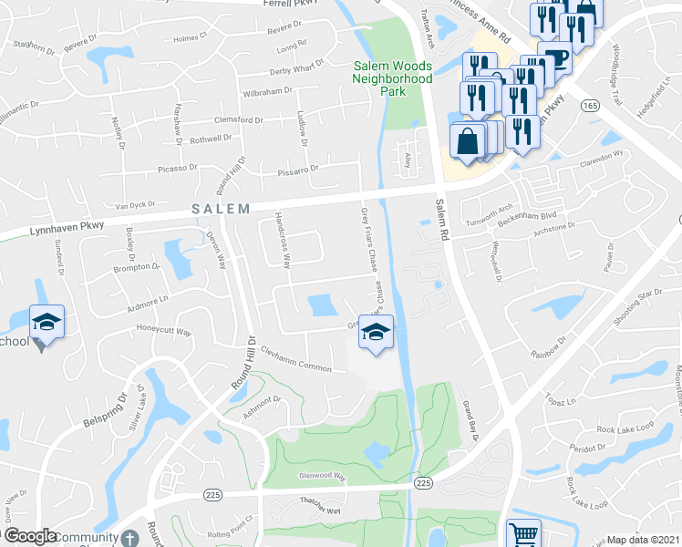 map of restaurants, bars, coffee shops, grocery stores, and more near 1932 Grey Friars Chase in Virginia Beach