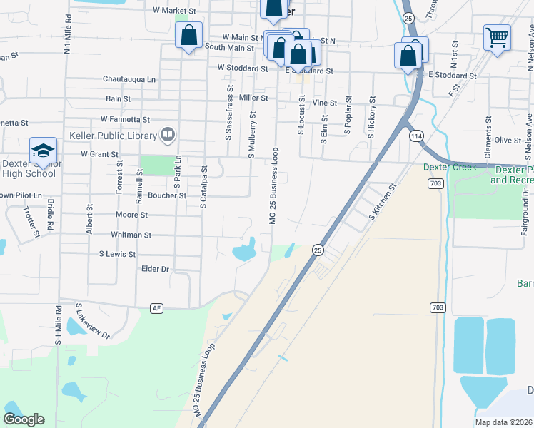 map of restaurants, bars, coffee shops, grocery stores, and more near 614 South Walnut Street in Dexter