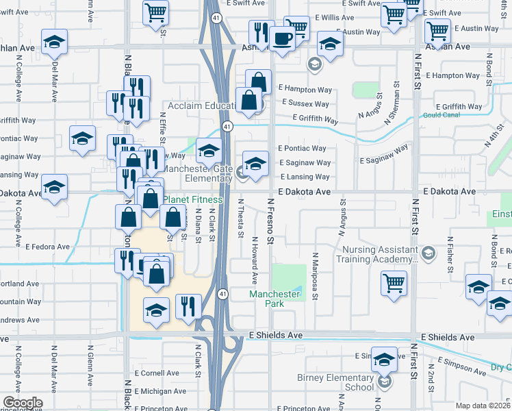 map of restaurants, bars, coffee shops, grocery stores, and more near 2343 East Robinson Avenue in Fresno