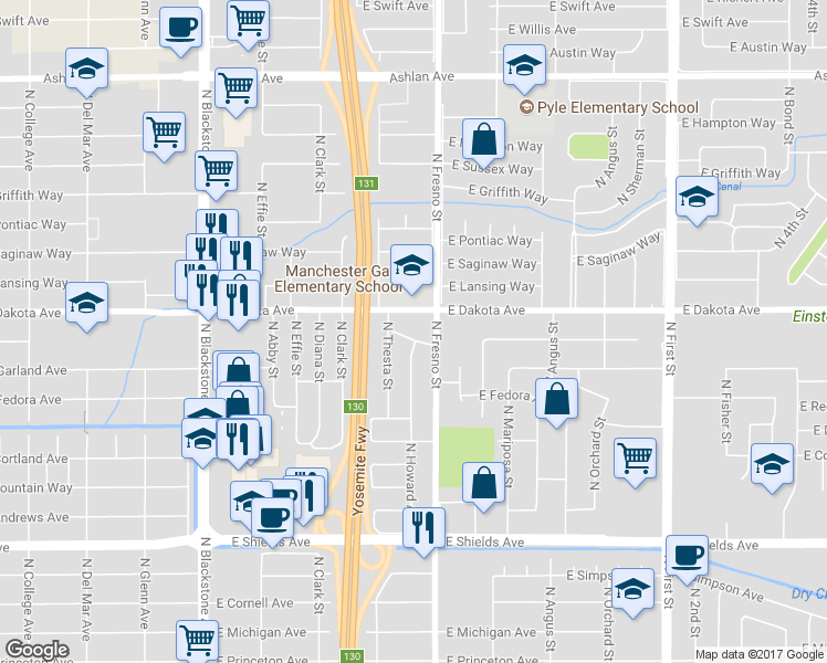 map of restaurants, bars, coffee shops, grocery stores, and more near 2343 East Robinson Avenue in Fresno