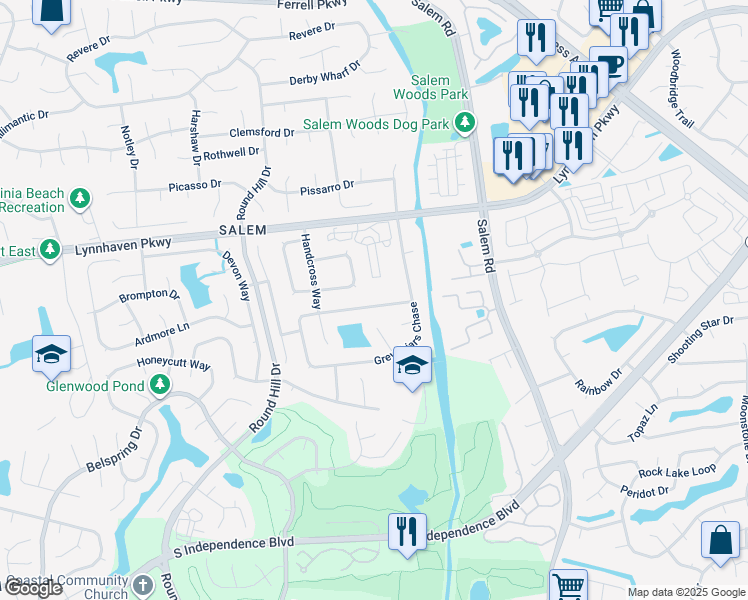 map of restaurants, bars, coffee shops, grocery stores, and more near 1932 Grey Friars Chase in Virginia Beach